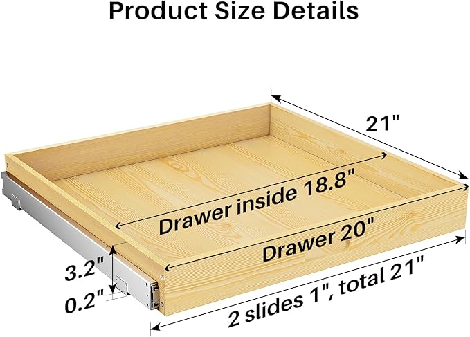 Pull Out Cabinet Organizer, Soft Close Wooden Slide Out Drawers for Pots and Pans, Full-extension Roll Out Shelves for Kitchen Cabinets, Pantry Organization, Bottom & Side Mount( 21"W X 21"D x 3.4''H)