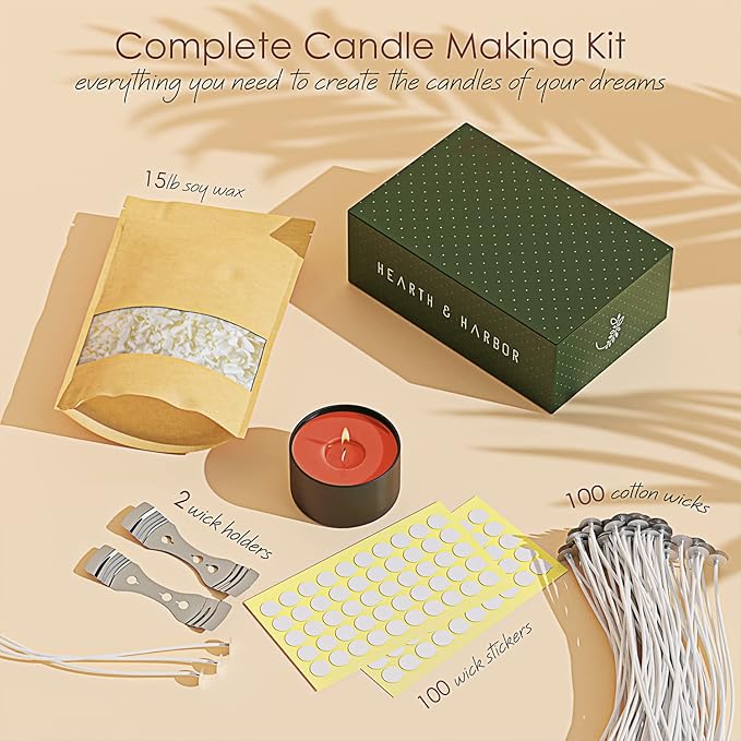 Hearth & Harbor Soy Candle Wax for Candle Making, Natural Soy Wax for Candle Making 15 lb Bag with Supplies, 100 Cotton Candle Wicks, 100 Wick Stickers, 2 Centering Devices - 15 Pounds Soy Wax Flakes