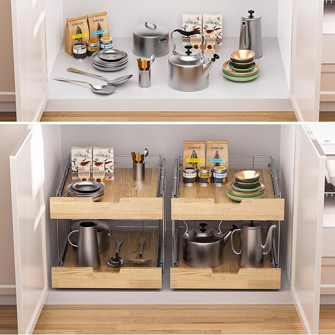 Sikarou Pull Out Cabinet Organizer,Heavy-Duty Slide Out Shelf, Wood and Wire Basket, Pull Out Drawer for for Kitchen Under Sink Space, Pantry, Bathroom, 2 Tie 23 * 21 in