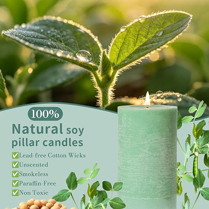 6 Pack Sage Green Soy Pillar Candles,Natural Soybean Pillar Candles,330 H Long Lasting Burning-Unscented,Dripless and Smokeless Rustic Hand-Poured Candles Dinner Table,for Wedding,Home 2.8x4in