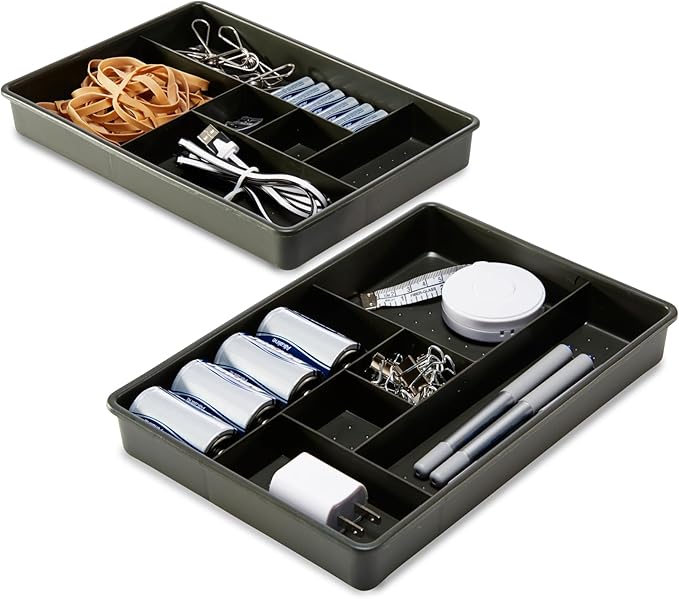 madesmart Two-Piece Drawer Organizer, 12-Compartment Drawer Storage for Utensils, Tools & Household Essentials, Durable Non-Slip Design, Carbon