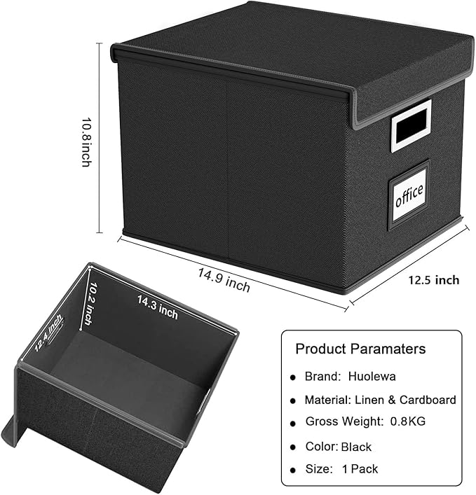 Huolewa File Organizer Box with Lid, Collapsible File Folder Organizer for Office Document Storage, Filing Box with Plastic Slide for Letter Size Hanging File Folders(1 Pack, Black)