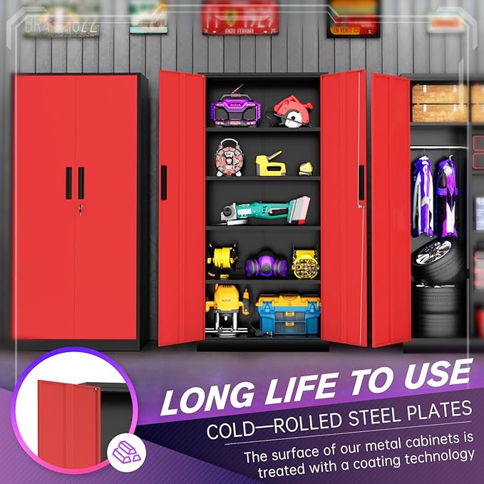 Superday Metal Storage Cabinets, 71" Storage Cabinet with Locking Door, Tall Garage Cabinet with 2 Doors and 4 Adjustable Shelves for Home Office, Classroom, Easy Assemble(Black Red)