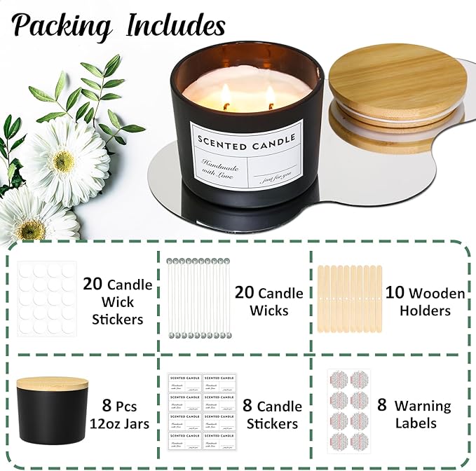 SUPMIND 12oz Candle Jars for Making Candles, 8 Pack Large Black Glass Empty Candle Jars with Bamboo Lids and Wick Kit, Multiple Wicks Wide Mouth Candle Container Bulk, Ideal for Candle Business