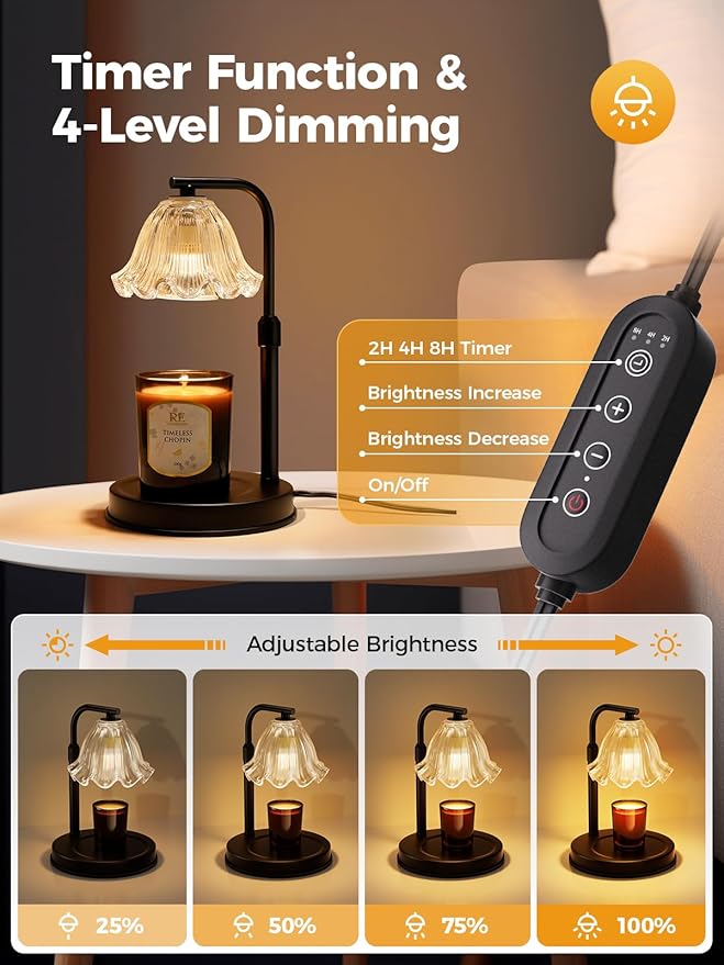 Flower Candle Warmer Lamp with Timer - Black Adjustable Height Wax Melt Warmer for Jar Candles, Vintage Candle Lamp for Home Fragrance, Housewarming Gifts & Birthday Gifts for Women
