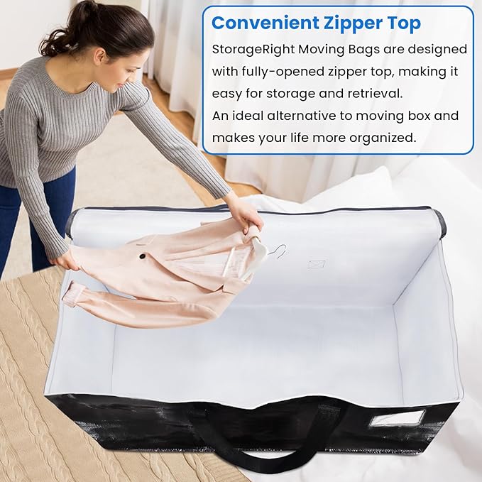 StorageRight Large Moving Bags Heavy Duty Storage Totes for Storage,Packing & Moving Collapsible Moving Supplies with Large Capacity, Reinforced Zippers and Handles, 88L, 6 Packs