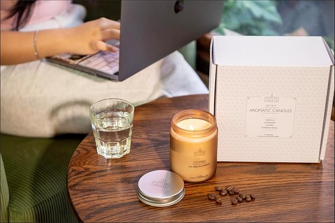 Candles for Women - 4 x 8oz Coloured Glass Jars 3" x4 Mixed Set of Classic Scents Pumpkin Spice, Coffee, Vanilla, Lavender 200 Hours Burn Time, Classic Candle Set for Men & Women by Spotless Leopard
