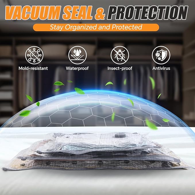 Travel Vacuum Storage Bags with Pump, 16 Pack Carry-on Compression Packing Bags + Portable Electric Pump, 80% Space Saver of Clothes, Vacuum Seal Bags for Clothing Travel Luggage