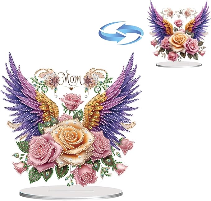 ARTopet DIY Diamond Desktop Ornament PET Irregular Shape Special Shaped Crystal Double Sided Pattern Single Sided Diamond Art Painting Tabletop Home Ornaments Decor (Mother’s Day Rose Wings)