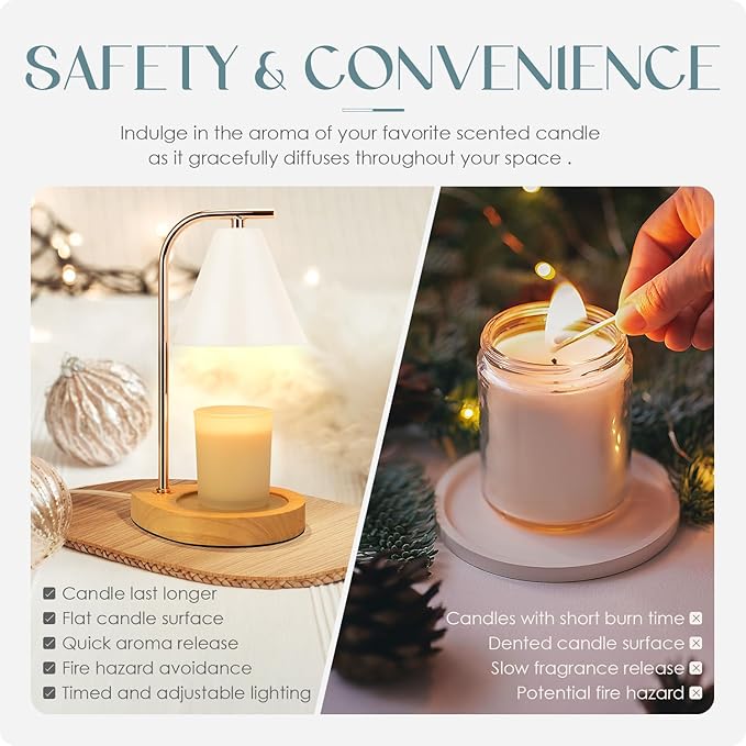 Aimoptg Candle Warmer Lamp with Retro Wooden Base - Home Decor Wax Melt for Small and Large Jar Candles, Candle Heater Lamp with 2 Bulbs, Dimmer and Timer Function-White