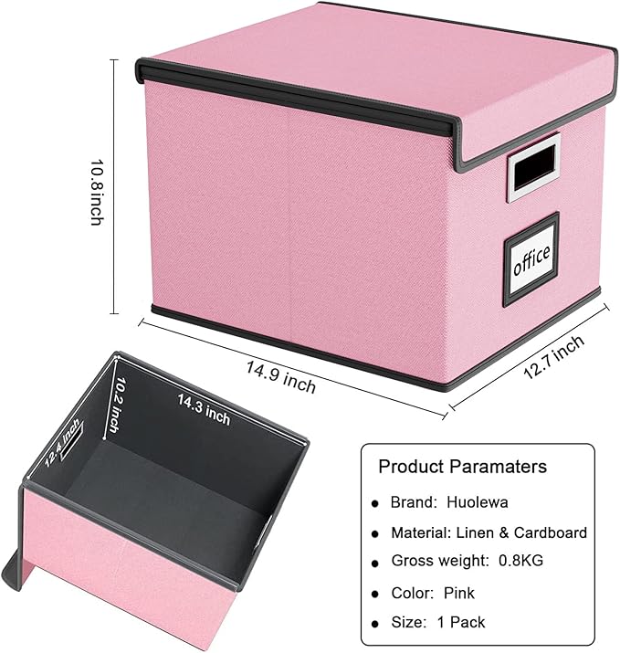 Huolewa File Organizer Box with Lid, Collapsible File Folder Organizer for Office Document Storage, Filing Box with Plastic Slide for Letter Size Hanging File Folders(1 Pack, Pink)