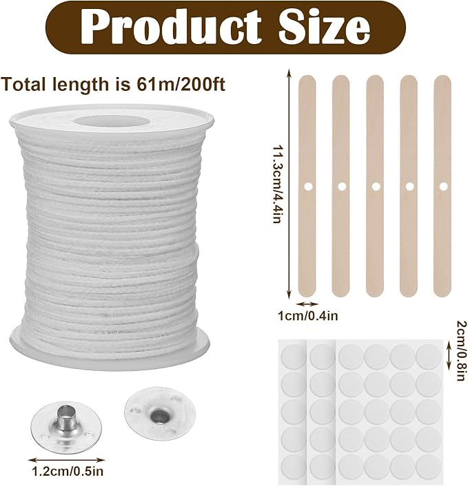 200Feet Natural Cotton Candle Wick Roll, 24-Ply Candle Making Wicks, with 50Pcs Metal Sustainers 3Sheet Candle-Wick Stickers and 5Pcs Wooden Candle-Wick Centering Device,for DIY Craft CandleMaking Kit