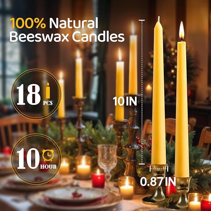 10 in Beeswax Taper Candles,18 Pack Dripless Pure Beeswax Candle Sticks,9-10 Hours Long Burning Natural Bees Wax Candles for Home,Unscented Smokeless Tapered Candlesticks for Dinner