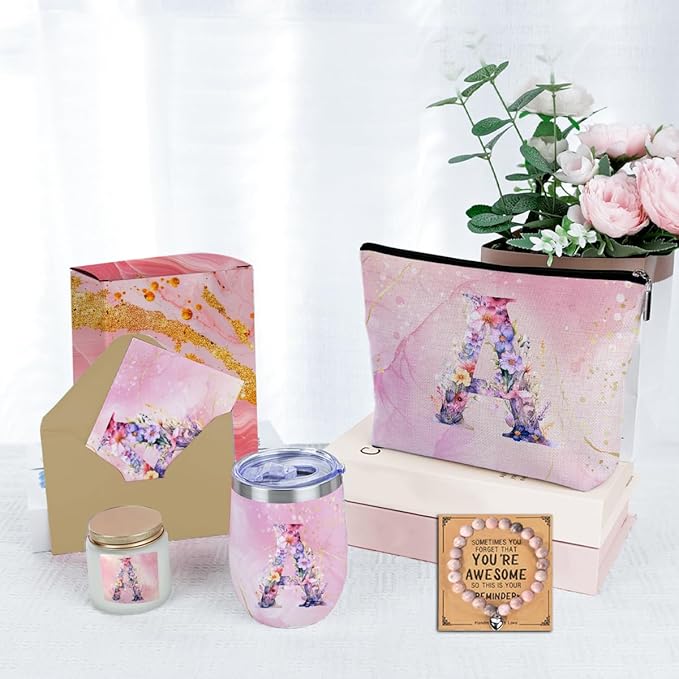 Personalized Gifts Monogrammed Birthday Gifts for Women, Bridesmaid Bachelorette Party Wedding Christmas Initial Wine Tumbler Makeup Bag Scented Candle Bracelet Set, (Aesthetic Pink Flower A)