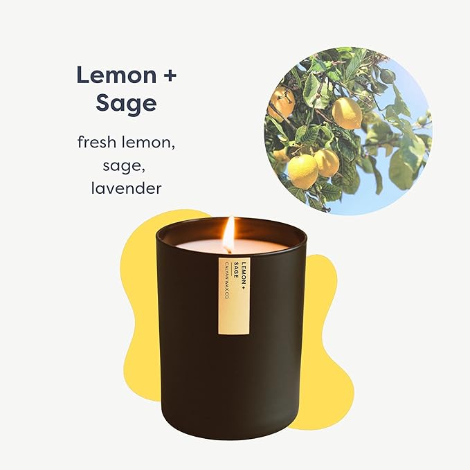 Calyan Wax Co. Lemon & Sage Scented Candle - 75 Hour Burn - Luxury Non Toxic Soy Wax Candles - Long Lasting Black Tumbler Jar Candle for Home - 10.2oz