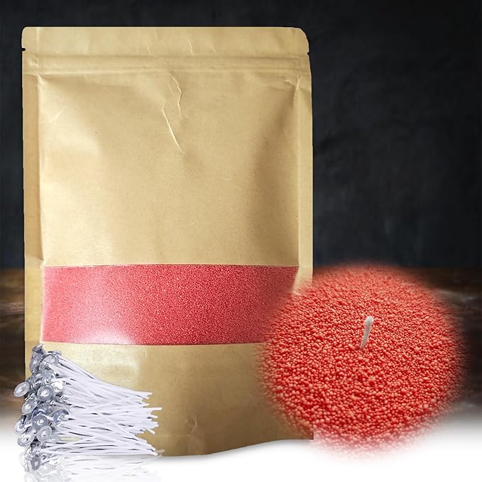 DRMAISON Pearled Candle Wax Sand DIY Kit - 35.3 oz, Watermelon Red, Non-Toxic&Smoke-Free, Refillable with 60 Wicks, Long-Lasting Flame, Highly Customizable for Wedding, Party&Holiday Decor