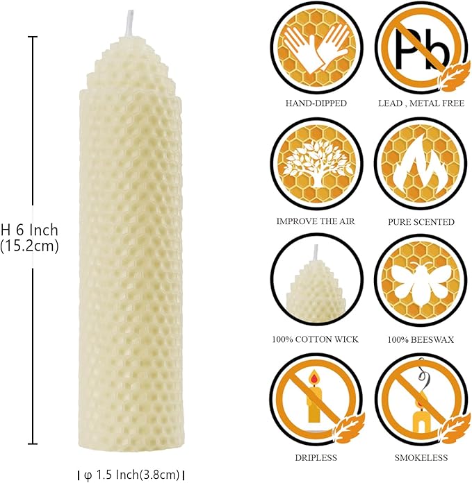 White Beeswax Pillar Candles Set of 2 - Handmade Pure Beeswax Rolled Candles for Gift & Home Decor (1.5×6 in)