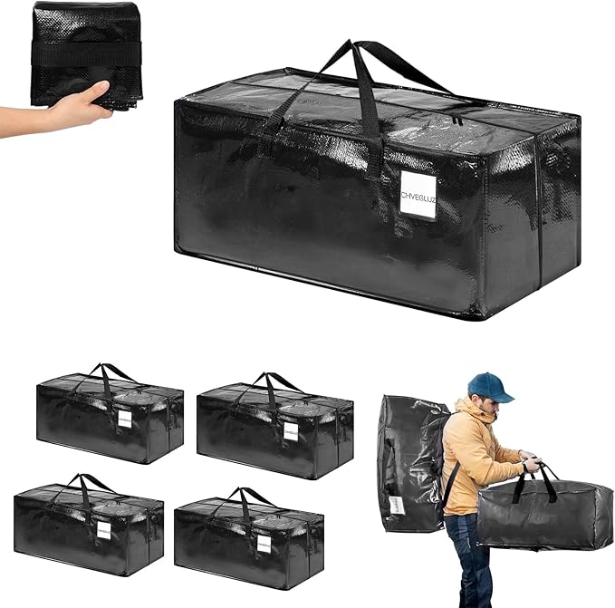 CHVEGLUZ 4 Packs Moving Bags Heavy Duty Extra Large,Storage Bags with Zipper&Handles, Sturdy&Durable Clothes Storage Bags Totes for College Dorm Essentials, Moving Boxes for College Supplies, Black