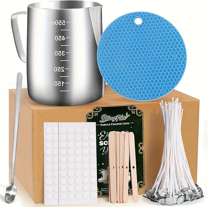 Blingfun Candle Making Wax Melter，600ml Melting Pot, 100pcs Candle Wicks, 100pcs Wick Stickers, 10pcs Wick Holders & Anti-Sway Mat, for Scented Candle Making and Wax Product Craft (Blue-C)