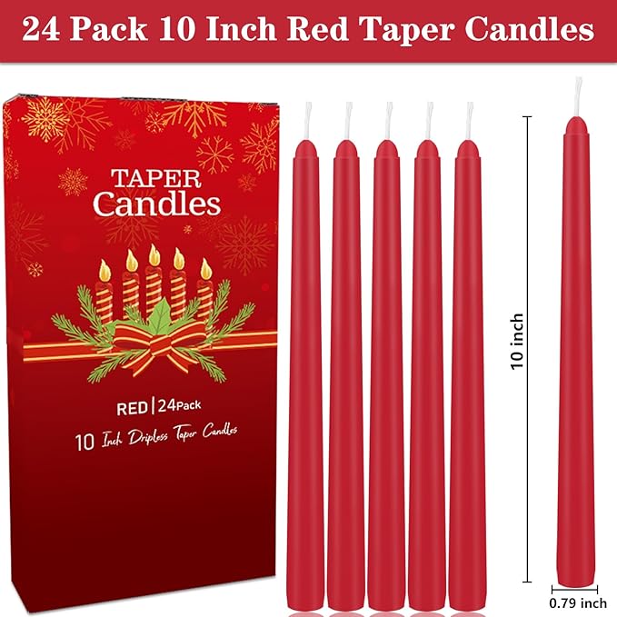 24 Pack Red Taper Candles, 10 Inch Classic Red for Valentine's Day Decor, 7-8 Hour Burn, Clean-Burning Unscented Bulk Candles for Holiday Dinner Table, Fireplace Mantel, Wedding Centerpiece