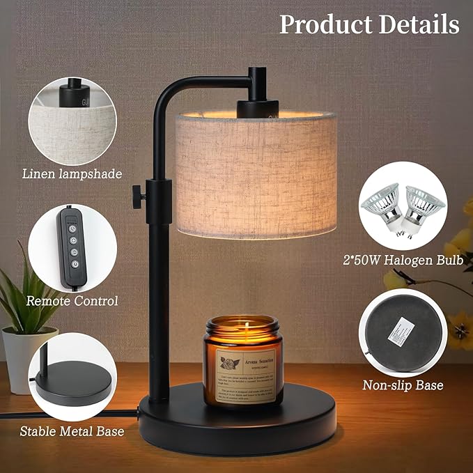 NITOWOLF Candle Warmer Lamp, Candle Lamp Warmer with Timer Adjustable Height Wax Warmer Lamp for Jar Candles, Birthday Gifts for Women House Warming Gifts (Black Linen)