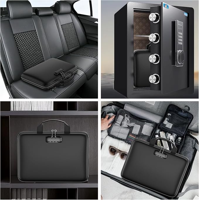 Fireproof File Organizer with Lock, Hard Case Fireproof Document Box with 13 Pockets Accordion File Folder, Important Document Organizer for Letter A4 Files Laptop Passports (Black)