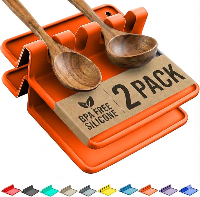 Cooler Kitchen Orange Silicone Spoon Rest for Stove Top with Drip Pad (Two Pack) - Heat Resistant BPA Free Utensil Rest & Spoon Holder for Kitchen Counter - Grill Utensil Holder - Spatula Holder