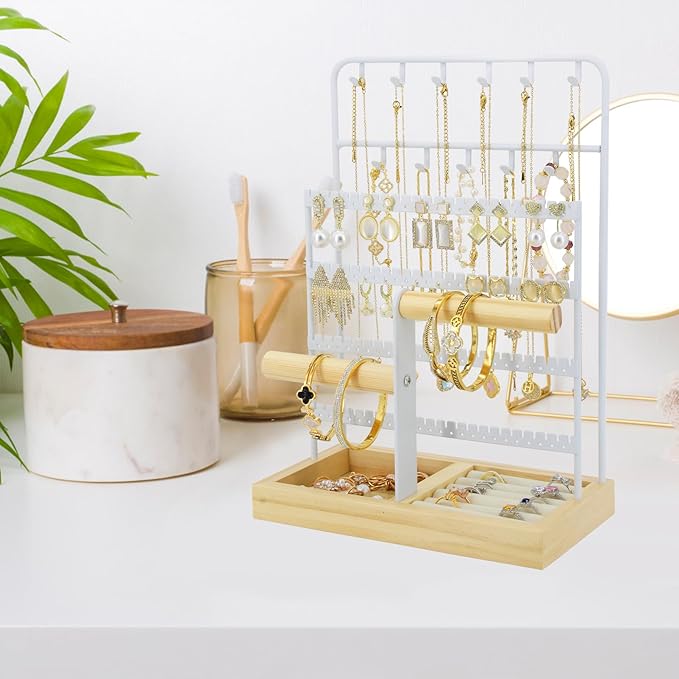 Jewelry Holder Organizer Stand 4-Tier Necklace Stand Earring Holder with Wooden Tray, Jewelry Rack for Bracelets Watches and Rings Display Stand, Gifts for Women & Girls-White