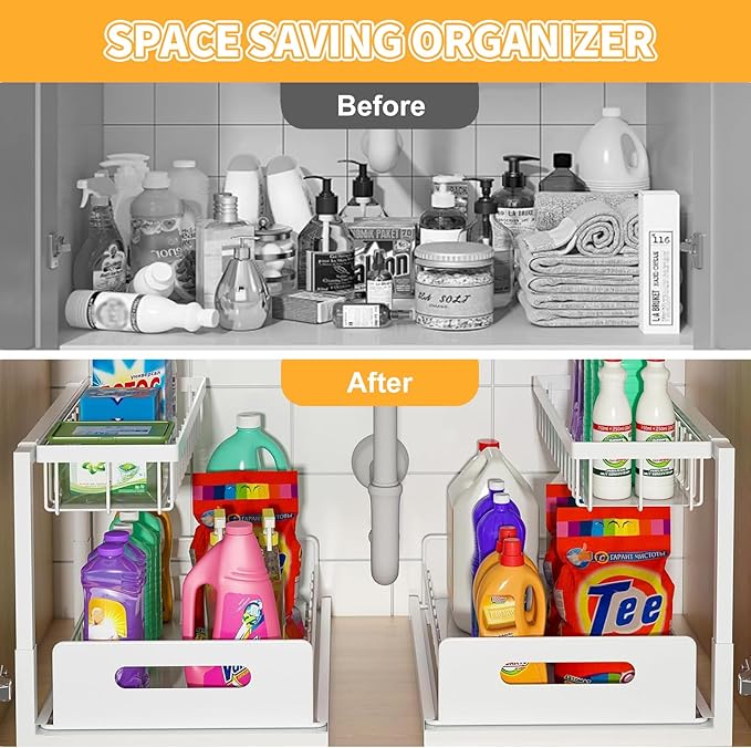 Under Sink Organizer, 1 Pack Pull Out Bathroom/Kitchen Under Cabinet Organizers and Storage, 2 Tier Metal Slide Out Under Kitchen Sink Storage Bathroom Undersink Organizers for Laundry Room