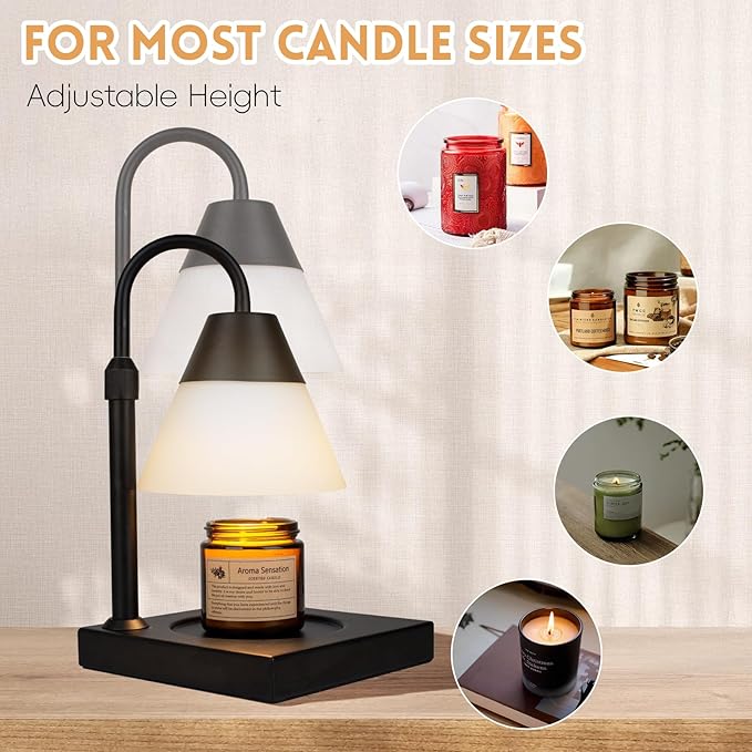 LALISU Candle Warmer Lamp, Dimmable Metal Candle Lamp Warmer Height Adjustable, Compatible with Candle and 3 Wick Large Jars Scented Wax for Home Decor (Glass-Black)