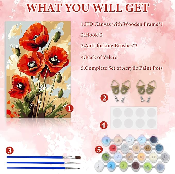 NAIMOER Poppy Flowers Paint by Numbers Kits for Adults Beginner with Wooden Framed, Color by Numbers on Canvas Painting Kits for Adults, Easy Paint DIY Acrylic for Home Wall Decor 8X12 Inch