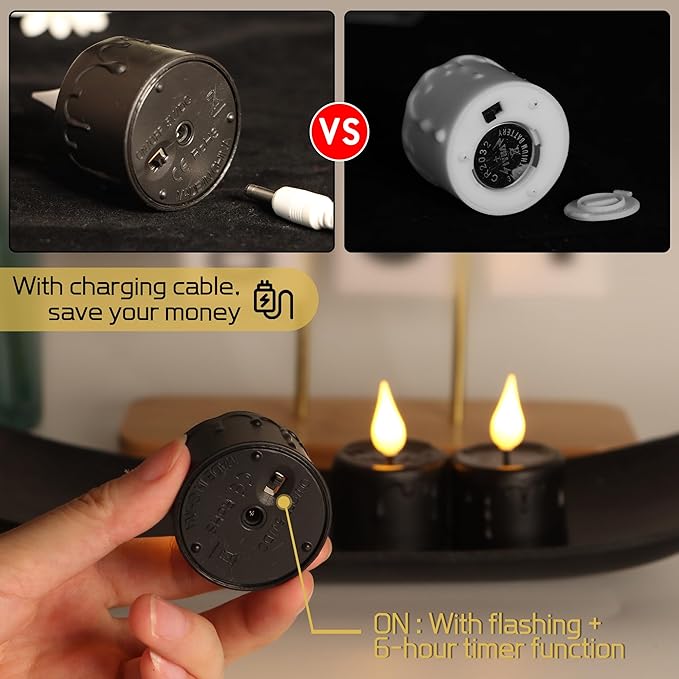 Daord 6 pcs Rechargeable Halloween Black Flameless LED Tea Light Candles Halloween Pumpkins Lights for Holiday Decor, Theme Party Decor(Black)