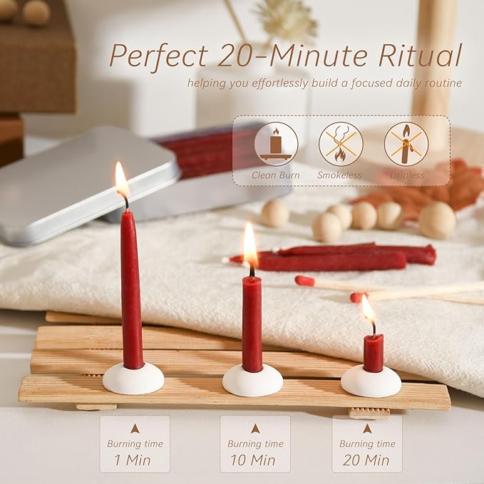 20 Minute 100% Pure Beeswax Candles, Mini Mindful Meditation Taper Candles, Smokeless & Dripless with Holder for Yoga, Prayer, Relaxation (Red,24 Pack)