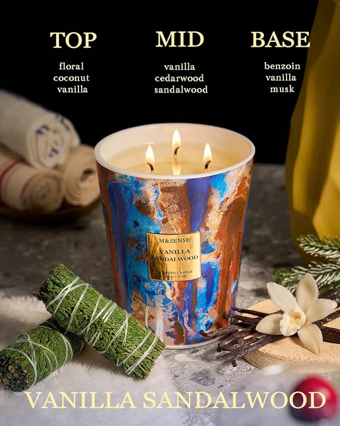 M&SENSE Large Soy Vanilla Sandalwood Scented Candle, 35oz 150 Hours 3-Wick Non-Toxic Candles, Warm Cozy Housewarming Gift, Mothers Day Decor for Home Relaxation