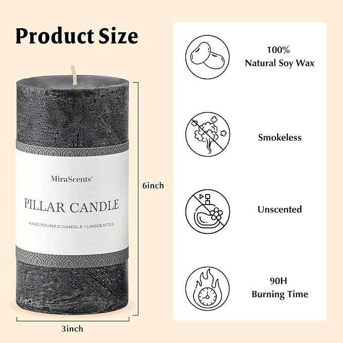 3x6 Inch Black Pillar Candles Set of 3 - Hand-Poured Unscented Candles, Long Clean Burning, Large Big Candle, Smokeless Dripless Candle for Dinner Table, Wedding, Home, Bathroom, Gothic Decor