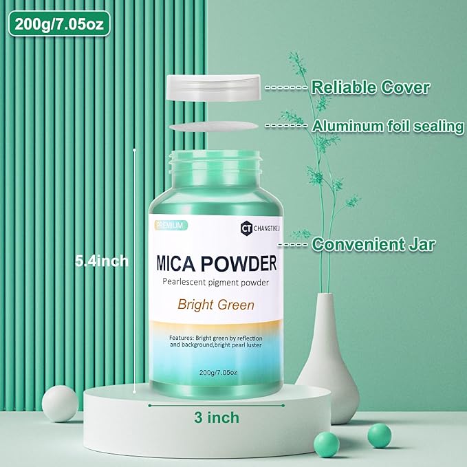 Mica Powder,200g/7.21oz Large Jar,Bright Green Mica Powder Pigment for Epoxy Resin，Lip Gloss，Paint，Dye，Soap Making，Nail Polish,Candle Making,Bath Bombs