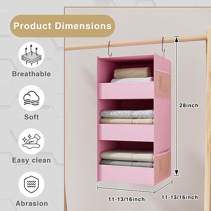 3-Shelf Hanging Closet Organizer and Storage, Foldable Hanging Closet Shelves Front Lip Design Washable Hanging Storage, Pink