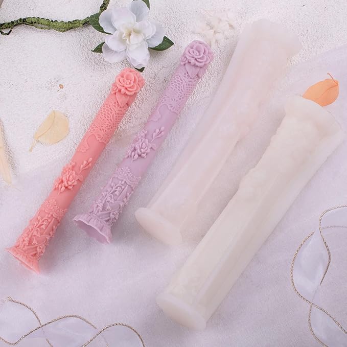 Vintage Long Pillar Candle Mold, Intricate Floral Design Silicone Mold for DIY Candle Making Plaster Polymer Clay Home Decoration