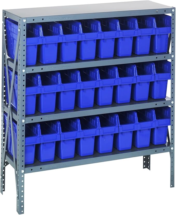 Quantum Storage Systems 1839-SB803BL Solid Heavy Duty 4 Shelves 24 STORE-MAX Blue Bins 39" H x 36" W x 18" D