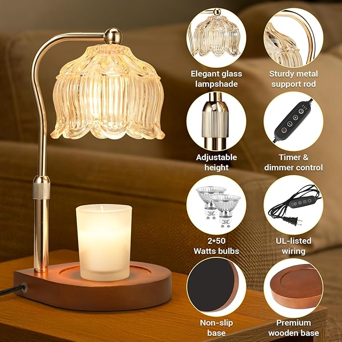 Candle Warmer Lamp with Timer Dimmer Adjustable Height, Gift for Women Mom, House Warming New Home Cozy Decor, Wax Melt Warmer for Jar Candles with 2 Bulbs