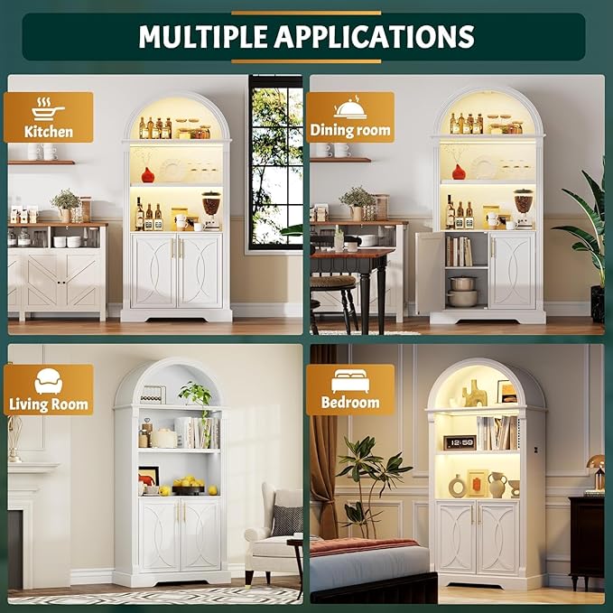 Vlsrka 71" Tall Arched Kitchen Pantry Cabinets, Wood Kitchen Storage Cabinets/Arched Bookshelf/Bookcase,China Cabinet with Open & Adjustable Shelves, Induction LED Light (White 2 PCS)