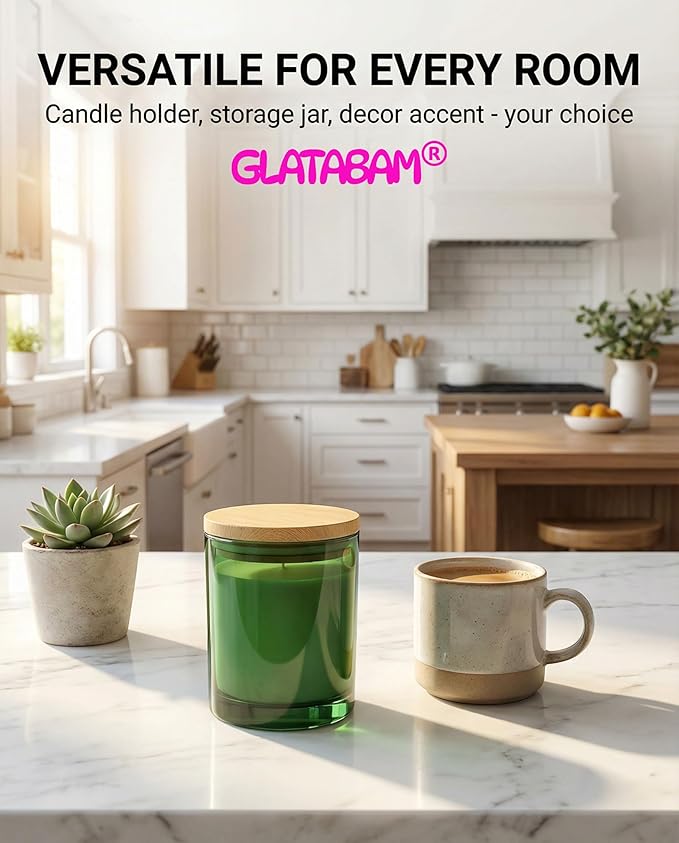 GLATABAM 10 OZ Candle Jars 12 Pack - Bulk Glass Candle Making Jars with Bamboo Lids & Labels, Heat Resistant Empty Reusable Candle Vessel for Containers(Green)