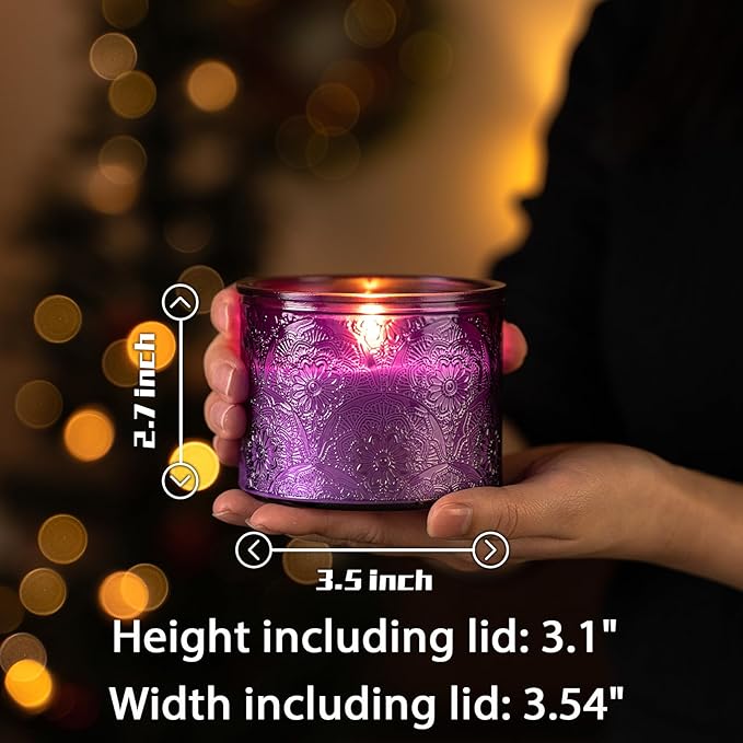 10 oz Embossed Glass Candle Container with Bamboo Lids and Labels, Purple Candle Jars for Making Candles, Mandala Design - Pack of 9