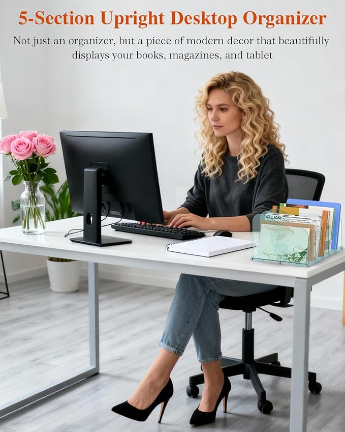 Adjustable Rose File Organizer for Desk, Vertical File Folder Holders for Magazines, Upright Desktop Binder Organizer, Clear Paper Bookshelf Divider File Sorter for School Office Supplies