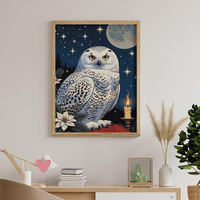 KIVJMSIDJA Snowy Owl & Candle Glow - Winter Night Scene Diamond Art Kits for Adults for Beginners, 5D Full Diamond Art Paint 12"x16"
