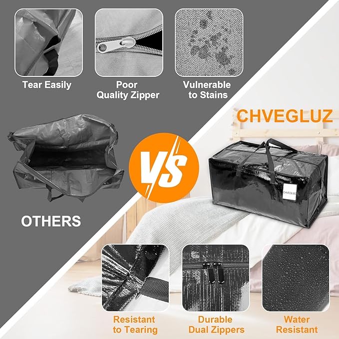 CHVEGLUZ 12 Packs Moving Bags Heavy Duty Extra Large,Storage Bags with Zipper&Handles, Sturdy&Durable Clothes Storage Bags Totes for College Dorm Essentials, Moving Boxes for College Supplies, Black