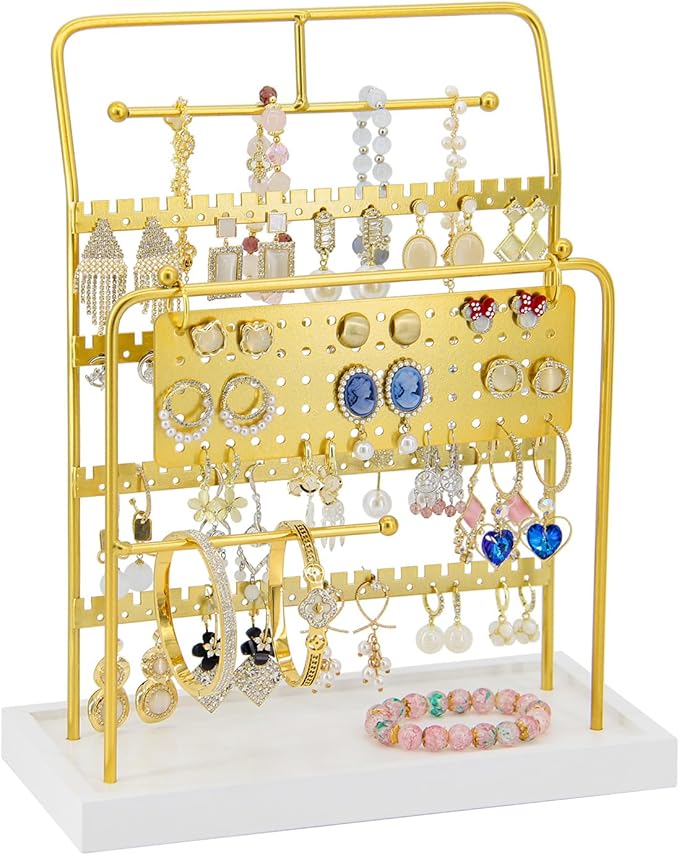 Jewelry Organizer Stand Metal Jewelry Display Rack with Wooden Tray Necklace Stand Partitioned Storage for Rings, Earrings and Bracelets Jewelry Rack(Gold)
