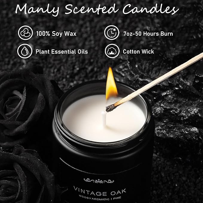 Scented Candles for Men - 42oz Soy Wax Long Lasting Candle, Manly Scented Candles with Leather/Smoke&Vanilla/Oak/Lavender/Orris/Amber-Mens Candle Gift Set for Birthday, Fathers Day, Man Cave Decor