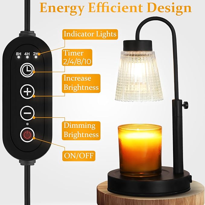 Black Candle Warmer Lamp with Timer – 4 Level Dimmable Wax Melter, Adjustable Height Electric Candle Light Warmer | Modern Minimalist Flameless Candle Lamp for Home Décor & Jar Candles