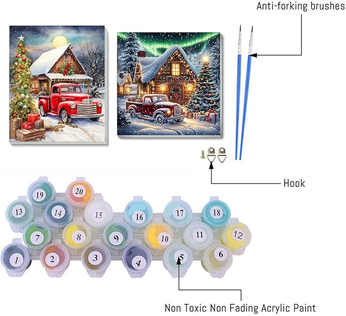 2 pack Christmas Paint by Numbers Kit for Adults Beginner With Framed,Winter Truck Easy Adult Paint by Number Kits on Canvas DIY Painting for Beginners Art by Numbers for Home Wall Decor 10x12 Inch